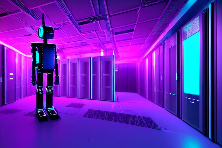 Image similar to realistic robot in a data server room, cyberpunk neon and dark, purple and blue color scheme, by beeple and malevich