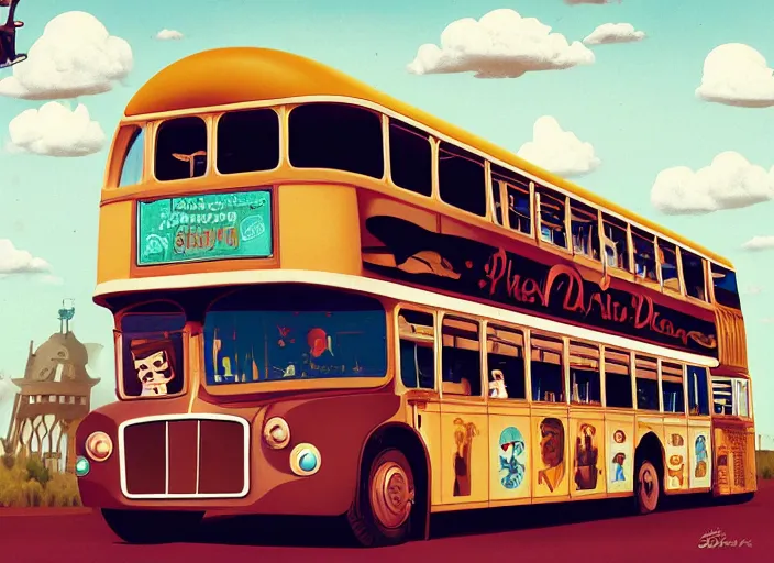 Image similar to matte sharp painting, a steampunk double decker bus, juxtapoz, artforum, gary baseman, preston blair, tex avery, dan mumford, pedro correa