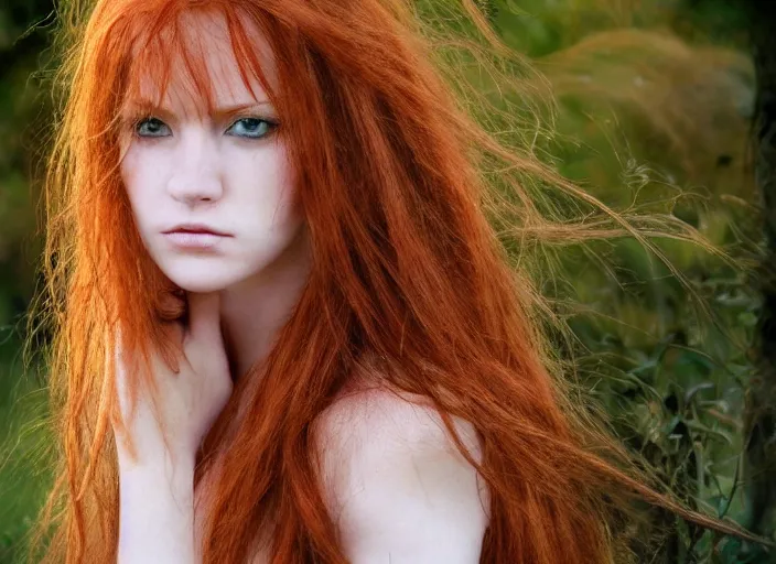 Prompt: award winning 8 5 mm close up face portrait photo of a redhead with long hair and perfect human eyes in a park by luis royo.