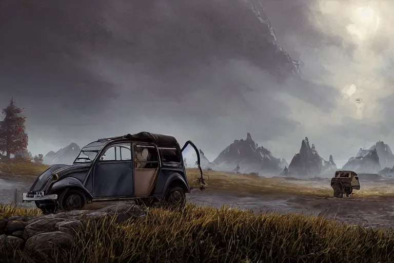 Image similar to offroad citroen 2 cv ( 1 9 6 5 ) driving across the rift, daedric longsword stored on the side of the car, leather and cloth traveller backpacks on roof, riften city in the background, epic fantasy, autumn, the elder scrolls v : skyrim, dramatic lighting, establishing shot, by simon stalenhag