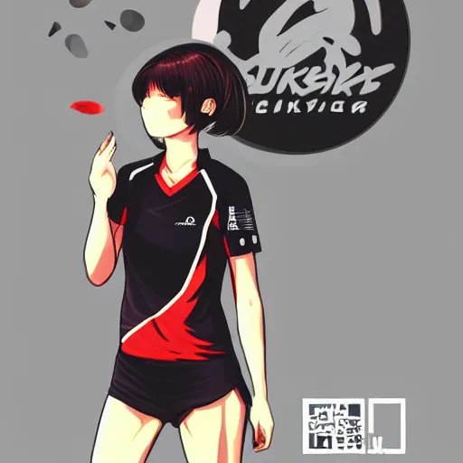 Prompt: shirt art, logo graphic design, frame around picture, manga style, realistic lighting, futuristic solid colors, made by ilya kuvshinov, sold on sukebannyc, from arknights, female beach volley player, elegant, round eyes, sport clothing, sneaker shoes, simple red background