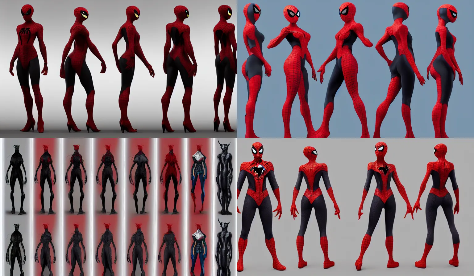 Prompt: full body character turnaround of a woman in an orb weaver outfit, character sheet, matte painting, spiderman!!, spiderwoman!!, john singer sargent, good value control, highly detailed portrait, character turnaround, digital painting, concept art, sharp focus, smooth, 3 d model, illustration, realistically proportioned body red and black color scheme, black main color