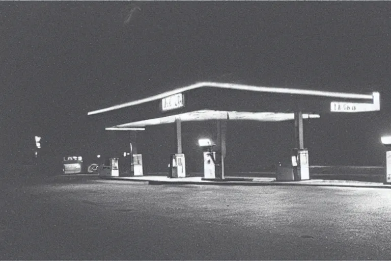 Image similar to “ gas station, night, fog, 1 9 0 0 ’ s photo ”