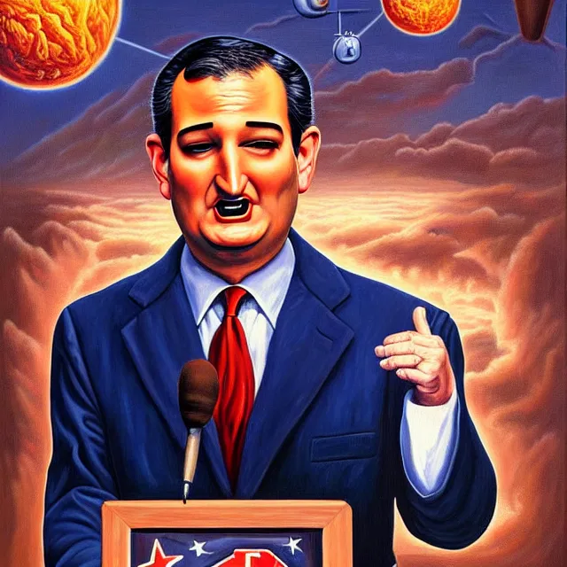 Image similar to an oil on canvas portrait painting of ted cruz doing a speech about the republican party, surrealism, surrealist, cosmic horror, rob gonsalves, high detail