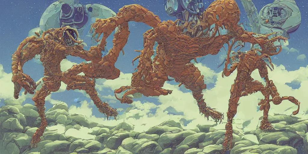 Image similar to digital painting of an extraterrestrial monster doing mixed martial, by michael whelan and john harris, highly detailed, intricate, studio ghibli color scheme