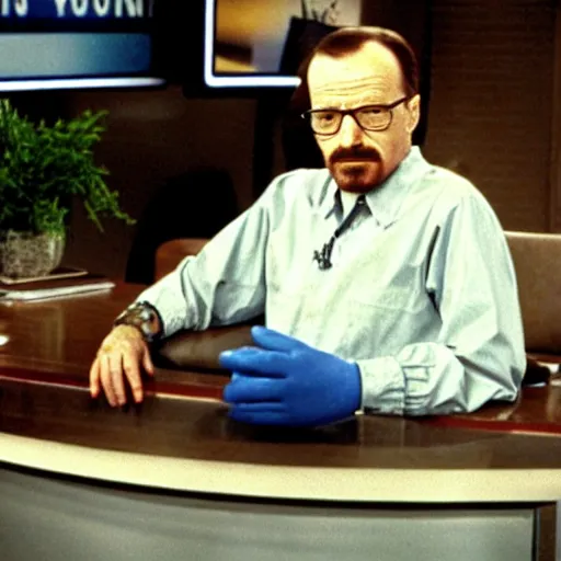 Image similar to Walter White being interviewed by Larry King. 1983.