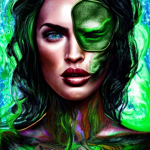 Image similar to an extremely psychedelic portrait of megan fox as the riddler, surreal, lsd, face, detailed, intricate, elegant, lithe, highly detailed, digital oth, sharp focus, illustration,