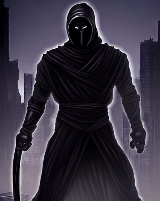 Image similar to noob saibot is a dark character who was once human. he was killed and resurrected as a wraith - like creature who now serves the netherrealm. he is a powerful fighter with deadly ninja skills. cyberpunk dark ninja