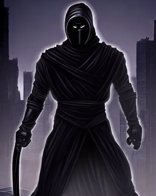 Prompt: noob saibot is a dark character who was once human. he was killed and resurrected as a wraith - like creature who now serves the netherrealm. he is a powerful fighter with deadly ninja skills. cyberpunk dark ninja