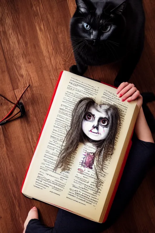 Image similar to photo of very cute and bright girl, her cat and her book of necronomicon, symmetrical, cinematic, real dlsr photography, sharp focus, 4 k, ultra hd, sense of awe, sinister demonic atmosphere, dreadful, horror journal cover