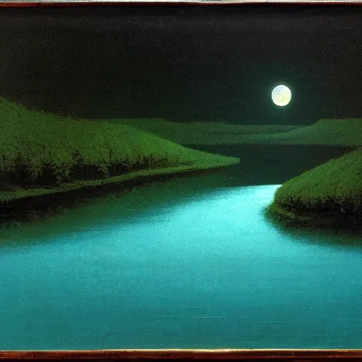 Image similar to moon light reflecting off of a winding river, arkhip kuindzhi painting, teal palette