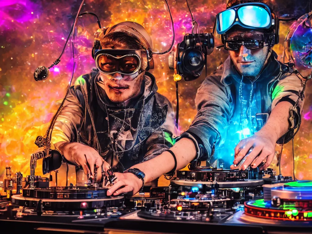 Image similar to a person wearing goggles and visor and headphones using a steampunk record player contraption, wires and tubes, turntablism dj scratching, intricate planetary gears, cinematic, imax, sharp focus, leds, bokeh, iridescent, black light, fog machine, hazy, lasers, hyper color digital art, cyberpunk