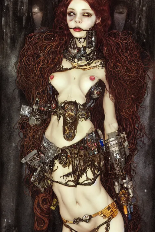 Image similar to beautiful young gothic maiden, cyberpunk, Warhammer, highly detailed, artstation, illustration, art by Gustav Klimt