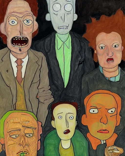 Image similar to portrait of rick and morty by egon schiele in the style of greg rutkowski