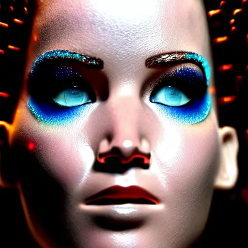 Image similar to close up detail of the face of cyborg jennifer lawrence as the bride of frankenstein, macro photography, glowing eyes