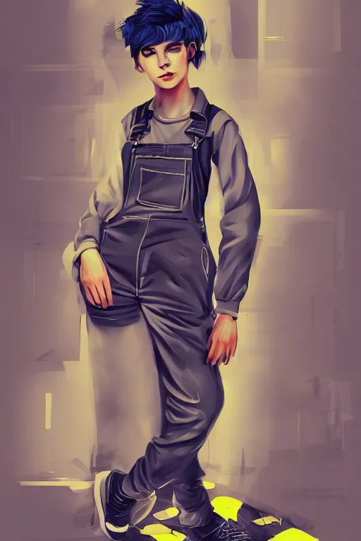 Prompt: an androgynous punk girl with short hair who is a mechanic wearing overalls, digital illustration, digital concept art, digital painting, decorative background, trending on artstation