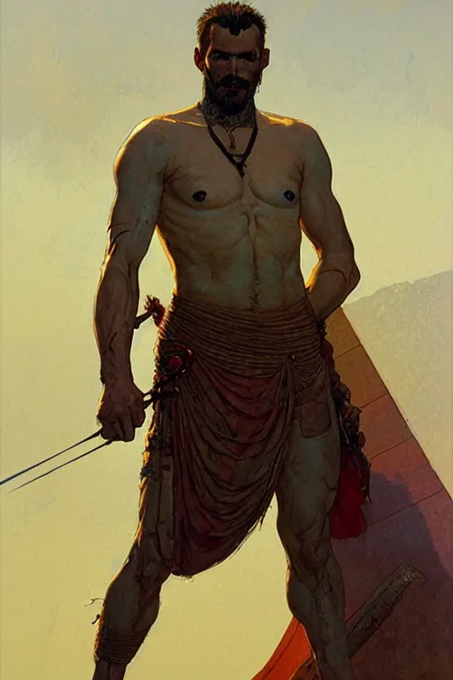 Prompt: warrior, attractive male, character design, painting by jean giraud, greg rutkowski, carl larsson, tom of finland