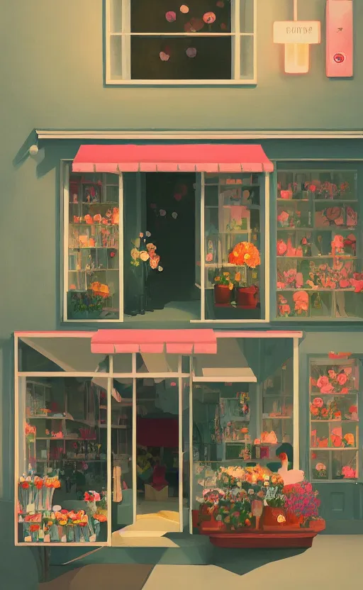 Prompt: cute cozy flower shop, surreal illustration, by atey ghailan and escher and edward hopper