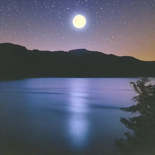 Prompt: “dark blue lake at night with tiny island being illuminated by moonlight, stars in sky”