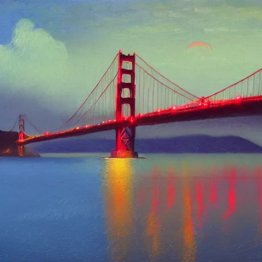 Image similar to golden gate bridge, hudson river school, dramatic lighting, artstation, trending