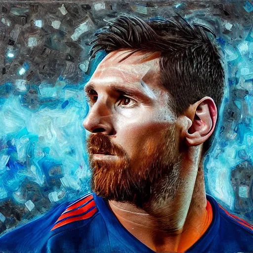 Image similar to portrait of lionel messi as a cyborg, oil painting, mechanical parts, soccer ball, intricate, detail