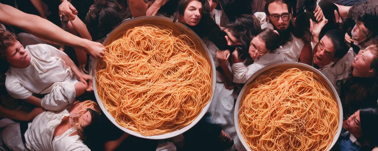 Image similar to a group of people being consumed by a giant bowl of spaghetti, fear, anxiety, canon 5 0 mm, cinematic lighting, photography, retro, film, kodachrome