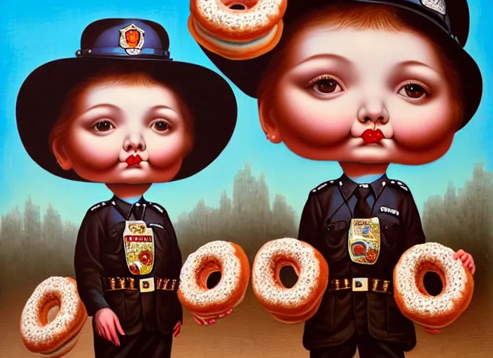 Image similar to a police officer made of donuts, lowbrow, matte painting, 3 - d highly detailed, in the style of mark ryden,