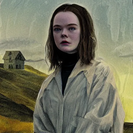 Prompt: Elle Fanning in the painted world of The Matrix, head and shoulders masterpiece, apocalypse, golden hour, cosmic horror, artstation, in the style of Andrew Wyeth and Edward Hopper and Bosch, extremely detailed