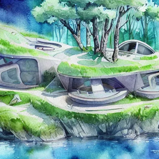 Image similar to beautiful happy picturesque charming sci - fi organic pod - like homes of the future in a beautiful natural scene. water, trees and rocks. beautiful light. soft colour scheme. beautiful artistic detailed watercolor by lurid. ( 2 0 2 2 )