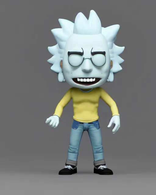 Image similar to full body 3d render of Rick Sanchez as a funko pop, studio lighting, white background, blender, trending on artstation, 8k, highly detailed