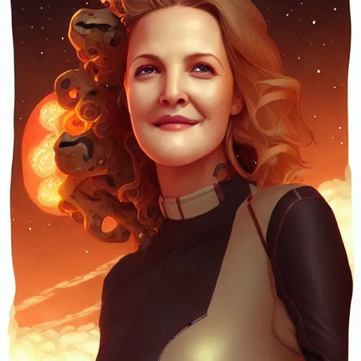 Image similar to drew barrymore inside smore!, bionic scifi, chocolate and graham cracker background, by charlie bowater, ross tran, artgerm, and makoto shinkai, detailed, inked, western comic book art