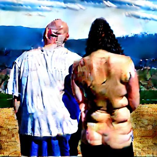 Image similar to portrait of a young chunky bald white male tattoos and his young white female brown hair wife with tattoos. male is wearing a white t - shirt, tan shorts, white long socks. female is has long brown hair and a lot of tattoos. photo taken from behind them overlooking the field with a goat pen. rolling hills in the background of california and a partly cloudy sky