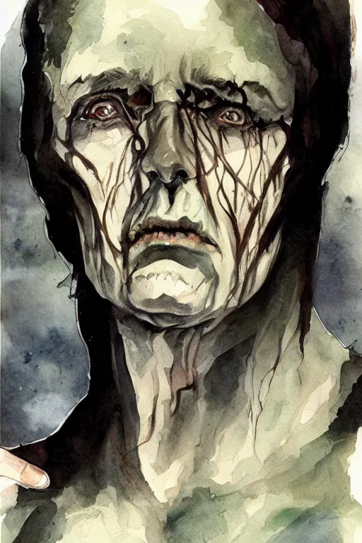 Prompt: beautiful clean water color painting of haunting, scary, portrait study by bernie wrightson, detailed, stunning, realistic