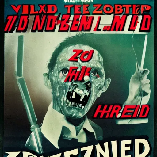 Image similar to old film poster zombie wearing vr, text reads zombie,!!!!!!!!! zombie!!!!!!!!!