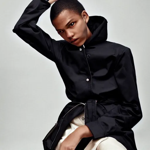 Image similar to realistic photoshooting for a new balenciaga lookbook color film photography portrait of a beautiful woman model wearing a workwear jacket, photo in style of tyler mitchell