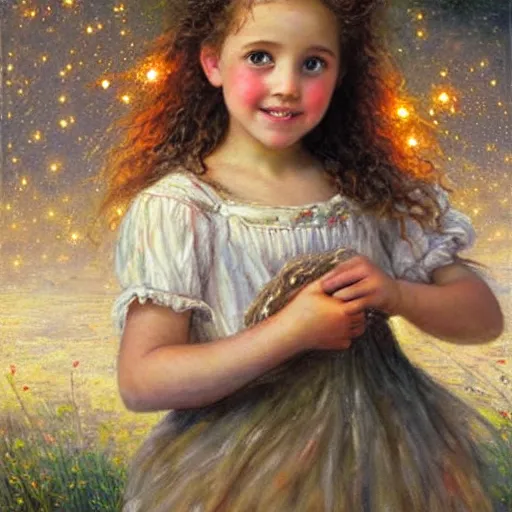 Image similar to A little girl with curly brown hair with a happy expression wearing a summer dress dancing with fireflies, high quality award winning painting by Sophie Anderson