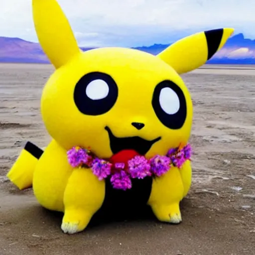 Prompt: There is a huge Pikachu on the lake in Salar de Uyuni, pikachu with a headband braided with flowers, very beautiful and elegant