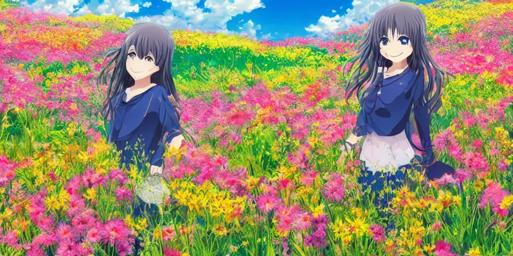 Prompt: smiling anime girl in the middle of a flower field, clouds, landscape view, beautiful