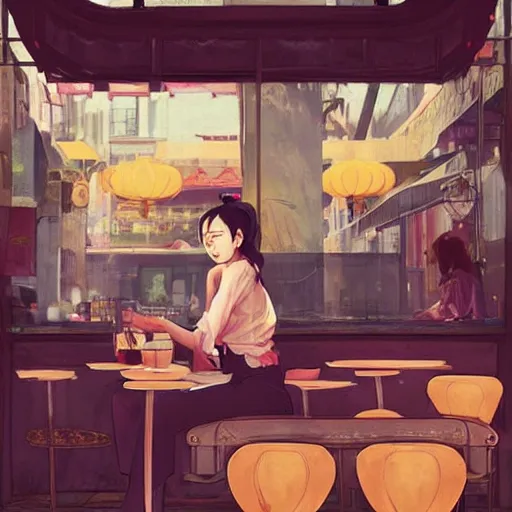 Prompt: woman sitting in a cafe in China, digital art by guweiz, trending on artstation, featured on Pixiv