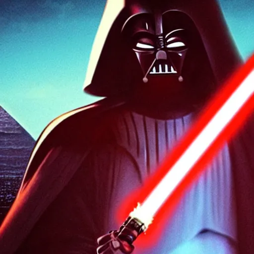 Image similar to morbius holding a lightsaber. darth vader, pyramids in background.