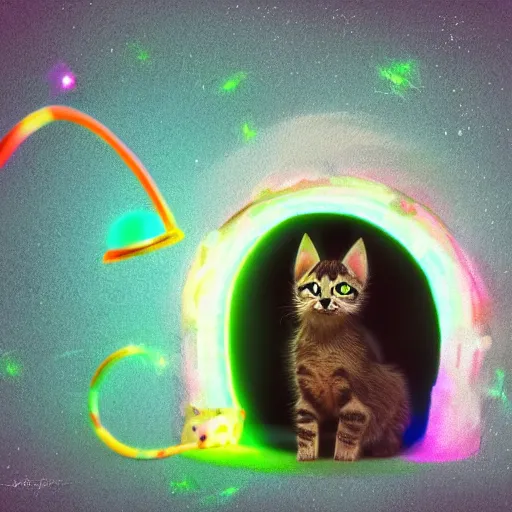 Image similar to Cute colourful art of a surprised kitten in a lab coat peeking through the interdimensional portal. Detailed profile picture. Award-winning digital art, trending on artstation