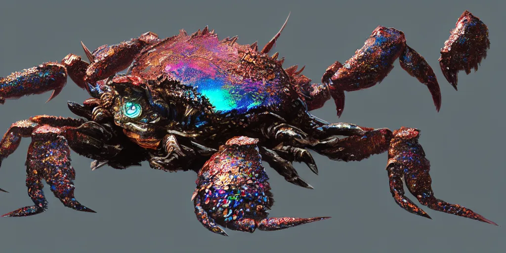 Image similar to Iridescent crab seamonster, character design sheet, Monster Hunter Illustrations art book, diamond sharp claws, huge arms, iridescent shards on its back, Moebius, Greg Rutkowski, Zabrocki, Karlkka, Jayison Devadas, Phuoc Quan, trending on Artstation, 8K, ultra wide angle, zenith view, pincushion lens effect.