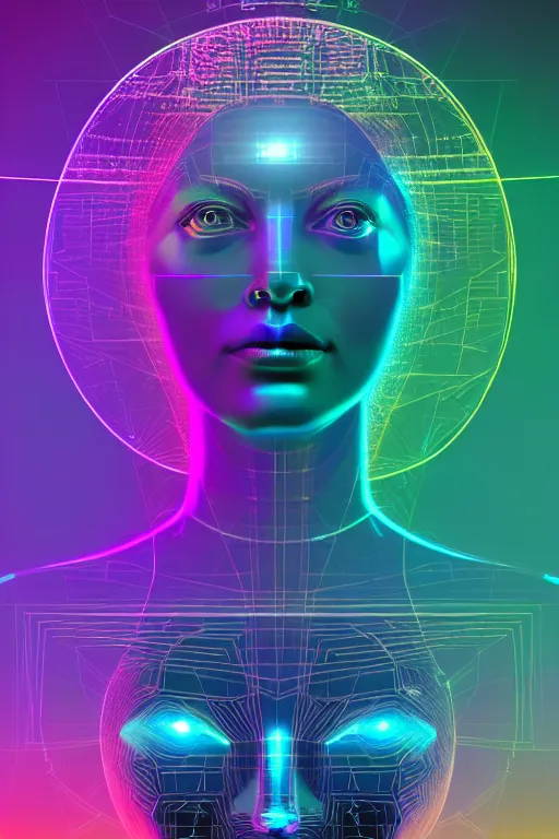 Image similar to portrait of the goddess of artificial intelligence as a hologram, in front of a rainbow of data, threads of light in the background, extremely high quality artwork, very detailed, anthropomorphic silhouette, trending on artstation