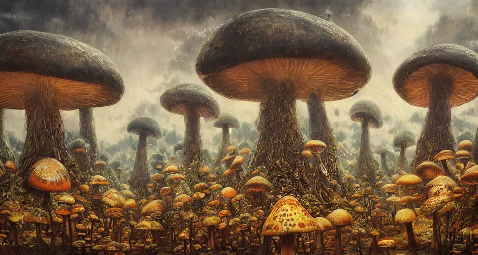 Image similar to A tribal village in a forest of giant mushrooms, by Karol Bak