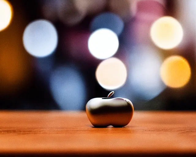 Image similar to steve jobs action figure sad bokeh on wooden table