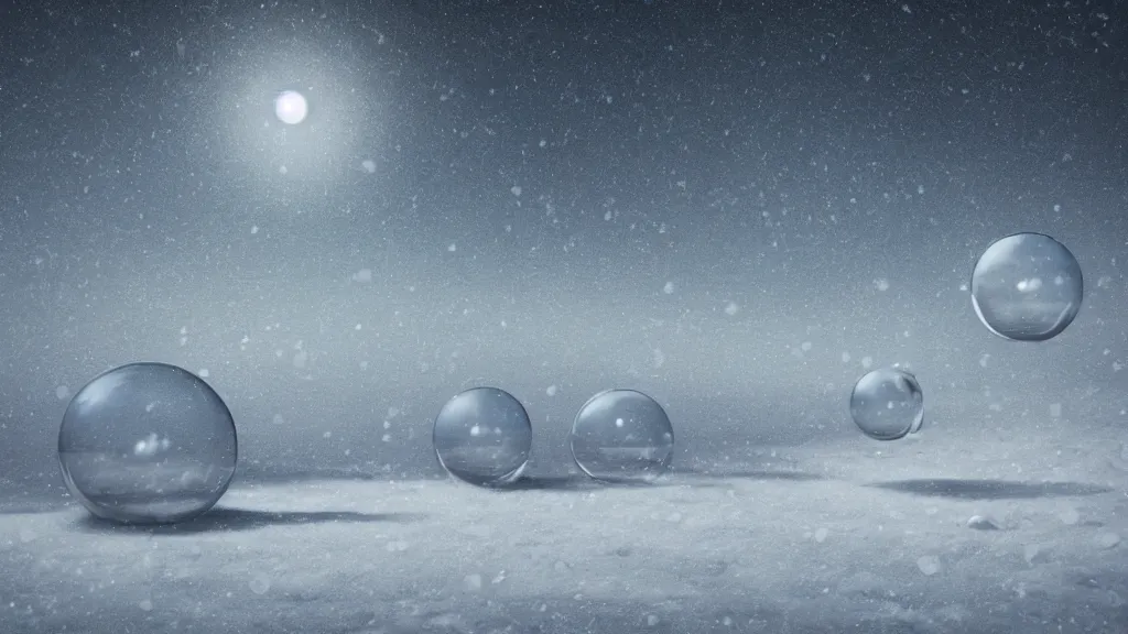 Image similar to a surreal dreamlike scene of transparent spheres floating over a barren snowy landscape, somber melancholic matte painting, highly detailed oil painting, liminal space, 8k, stillness, solitude, icy cold pale silent atmosphere, masterpiece