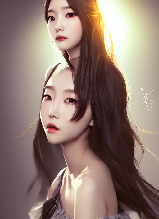 Image similar to beautiful fashion korean girl group, strapless dress, character portrait in the style of thomas river and artgerm, wlop, cinematic lighting, hyperdetailed, 8 k realistic, symmetrical, global illumination, radiant light, halo, love and mercy, frostbite 3 engine, cryengine, dof, trending on artstation, digital art, chanel