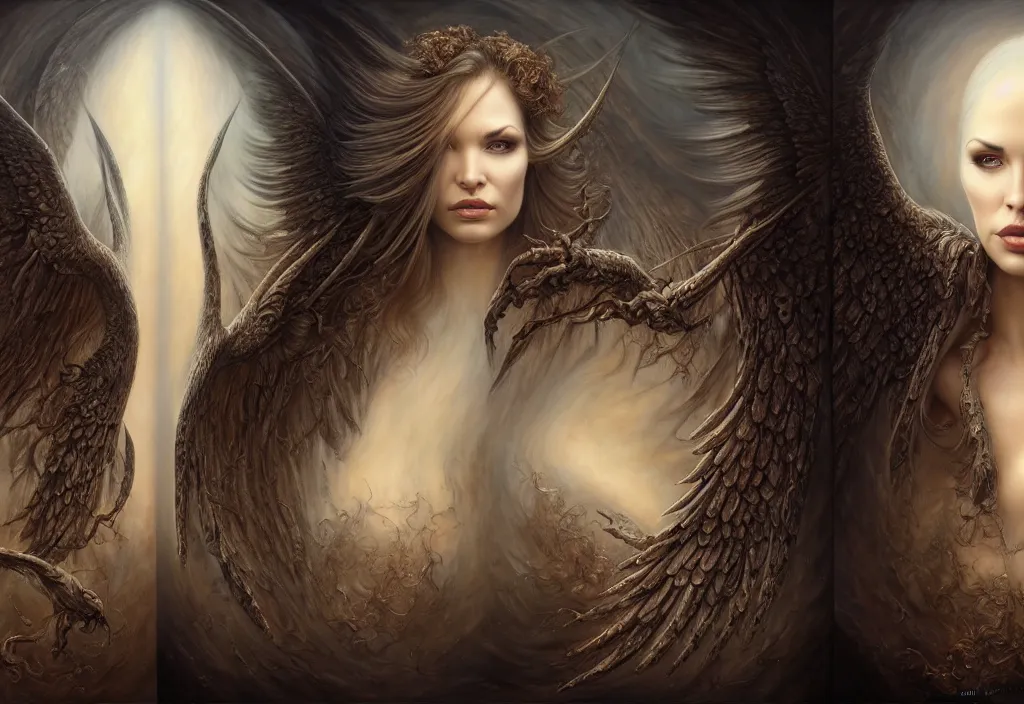 Image similar to picture split from the middle with an border, evil angels with different backrounds, intricate, elegant, highly detailed, realistic hair, centered, digital painting, art station, conceptual art, soft, sharp focus, illustration, artwork, artgerm, tomasz alen kopera, donato giancola, wlop, boris vallejo