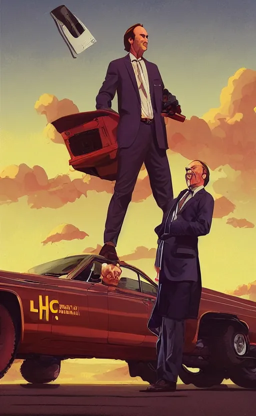 Image similar to saul goodman, poster of better call saul, perfect pose, vintage, matte painting, illustration,, by rhads, by greg rutkowski, by greg tocchini, by james gilleard, by joe fenton