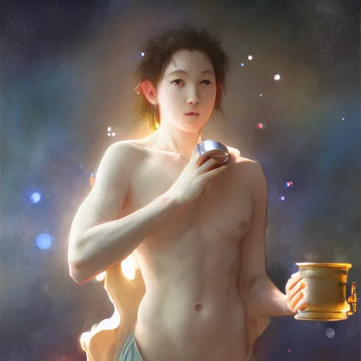 Image similar to A man drinking a cup of cosmic energy bright light, illustration by Ruan Jia and Mandy Jurgens and William-Adolphe Bouguereau, Artgerm, 4k, digital art, surreal, anime style, space dandy style, highly detailed, godsend, artstation, digital painting, concept art, smooth, sharp focus, illustration by Ruan Jia and Mandy Jurgens and William-Adolphe Bouguereau, Artgerm